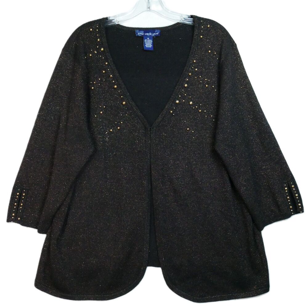 Susan Graver Womens Size 1X Black Cardigan Sweater Beaded 3/4 Sleeve